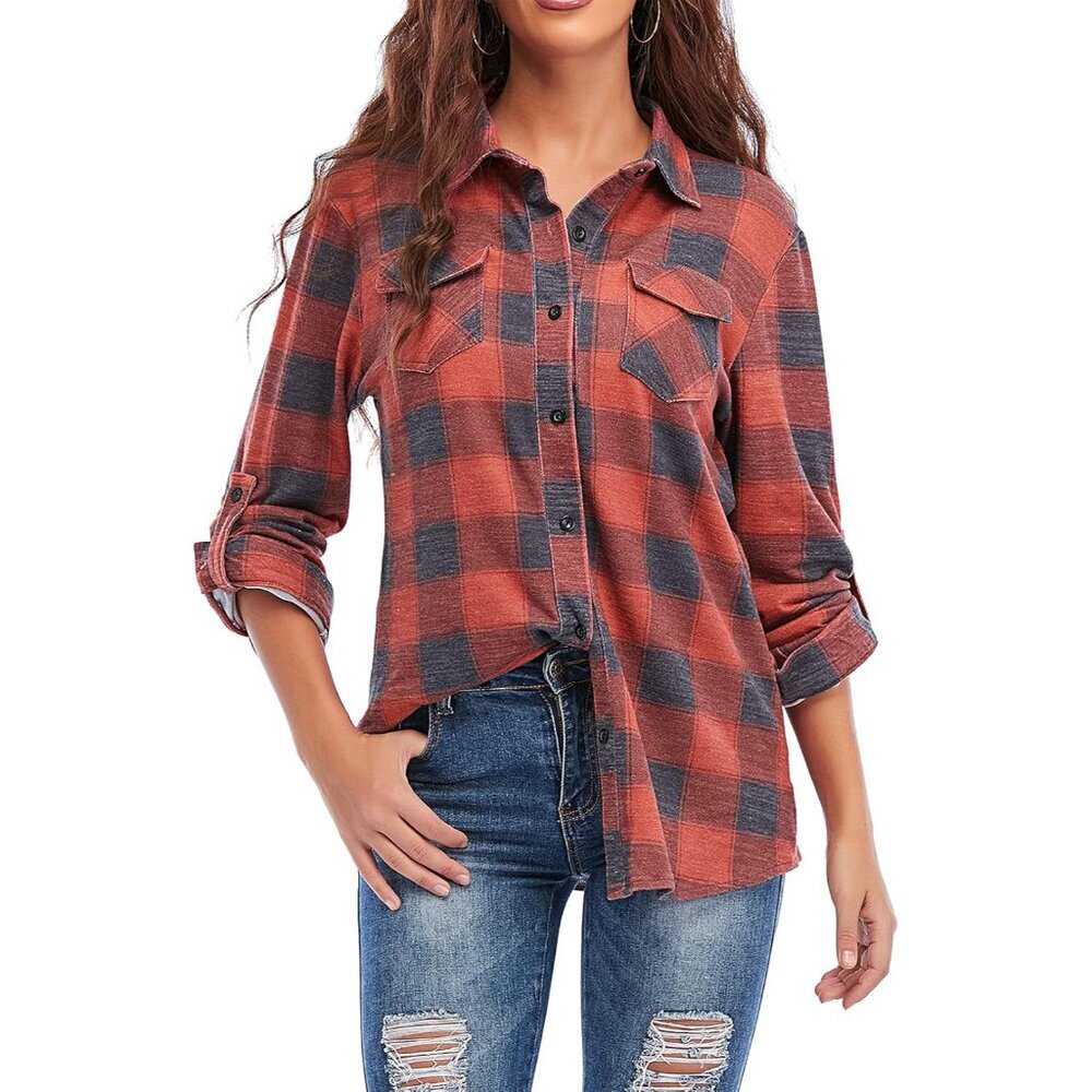 Versatile Women's Cuffed Button-Down Plaid Shirt … - image 2